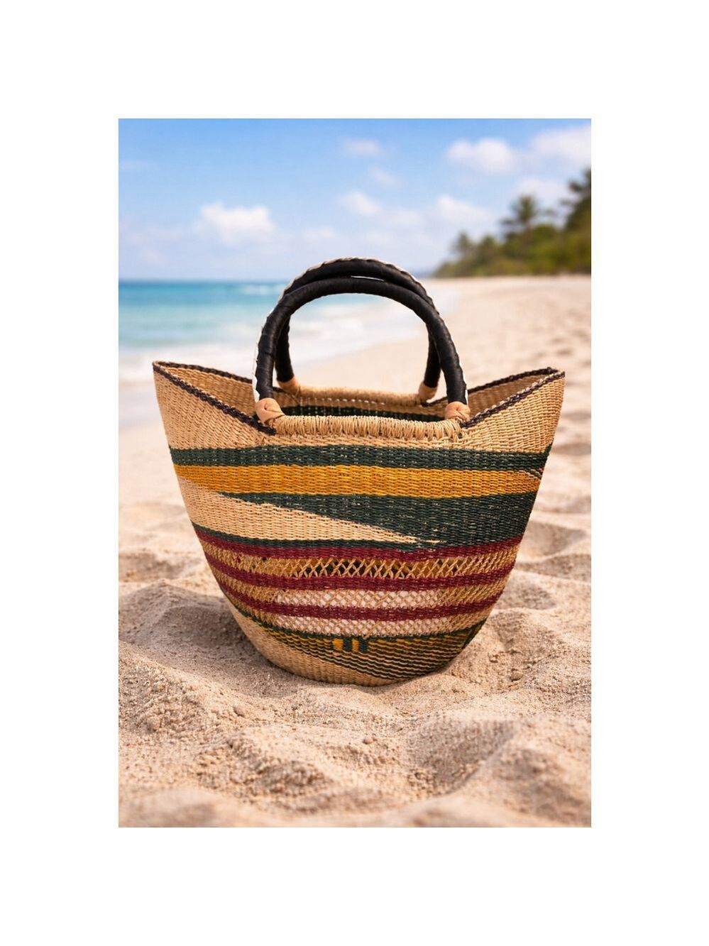 Authentic Ghana Bolga Basket Bag Handwoven Market Tote Leather Handle Large